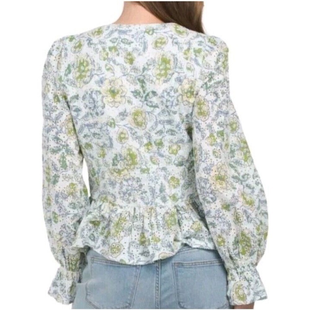 7 For All Mankind Eyelet Peplum Button Front Blouse Floral Romantic Peasant XS - Picture 2 of 9